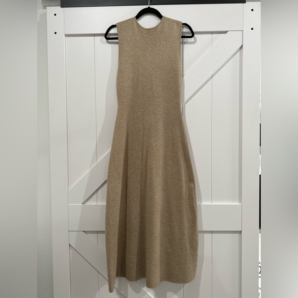 Nude sleeveless knit round neck midi dress